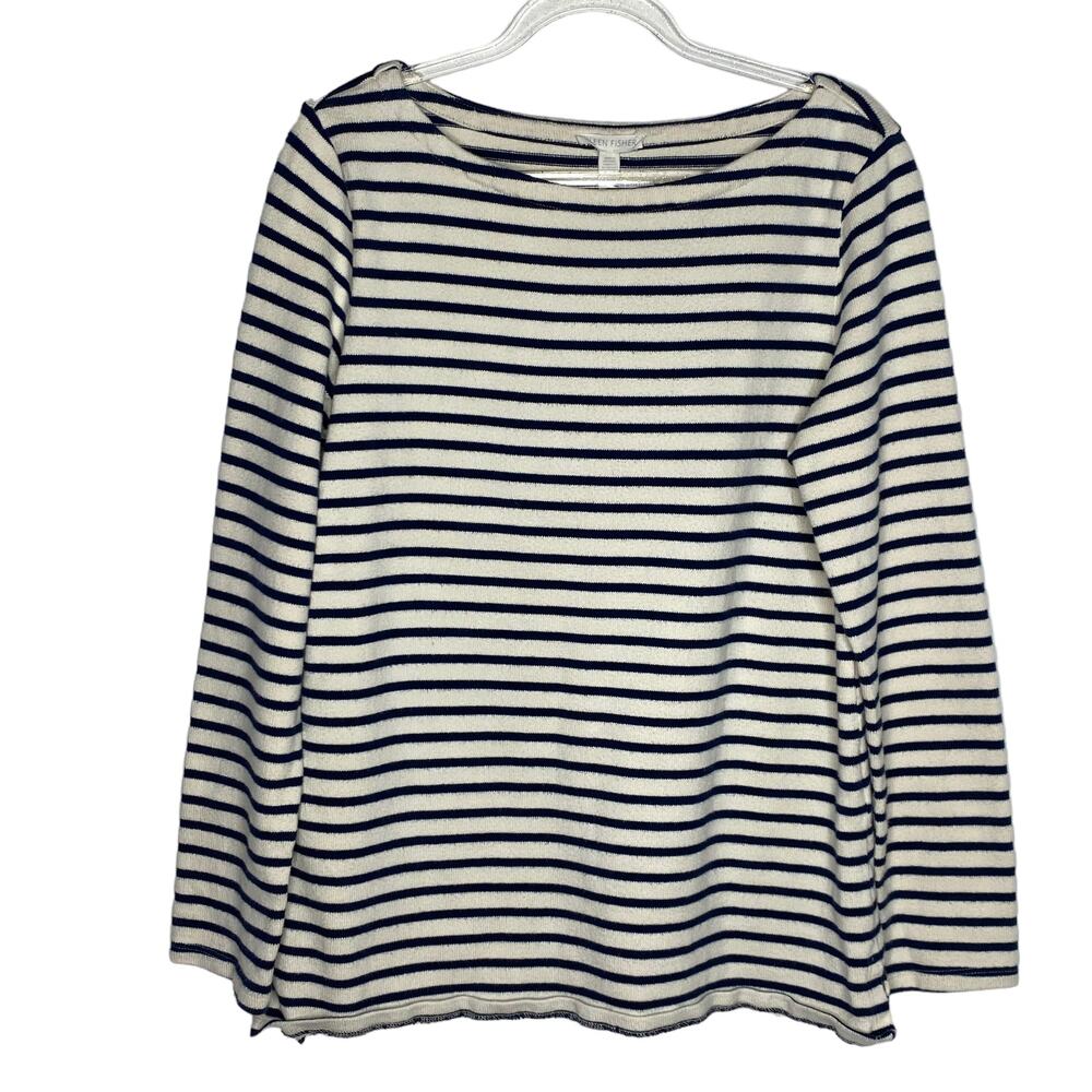 Eileen Fisher Size XS Sailor Stripe Jersey Top Boat Neck Organic Cotton‎ Blue